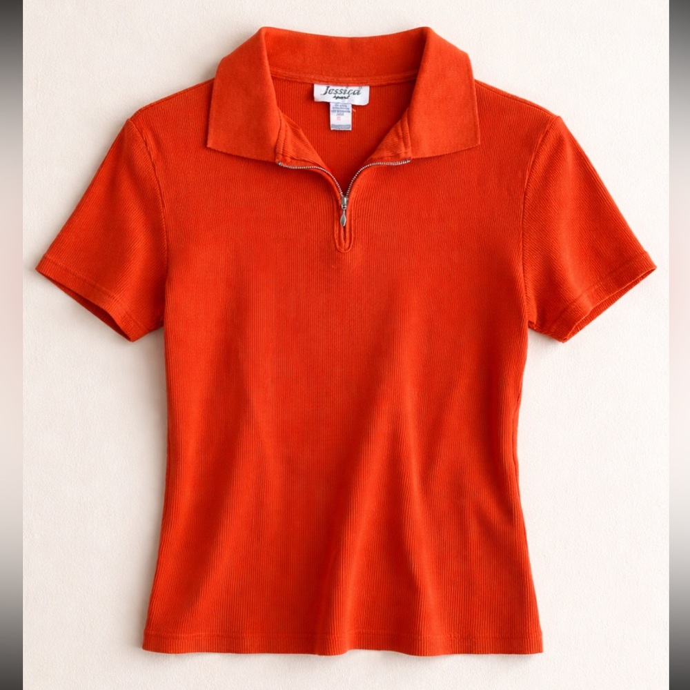 Y2K Jessica Sport Ribbed Zip Polo Top Woman Small Orange Collared Tee Streetwear